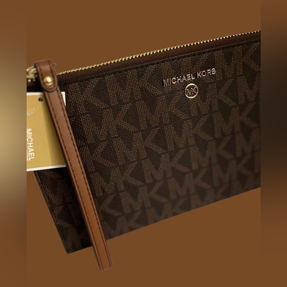 New MICHAEL KORS JET SET LG ZIP CLUTCH  MK LOGO BRN/LUGGAGE CLUTCH WRISTLET - Picture 7 of 16